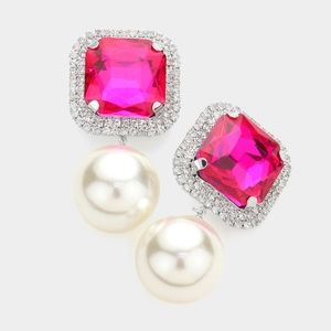 Pink Fuchsia Dangle Pearl Crystal Clip On Earrings 2.5 Inch Square Drop ClipOns